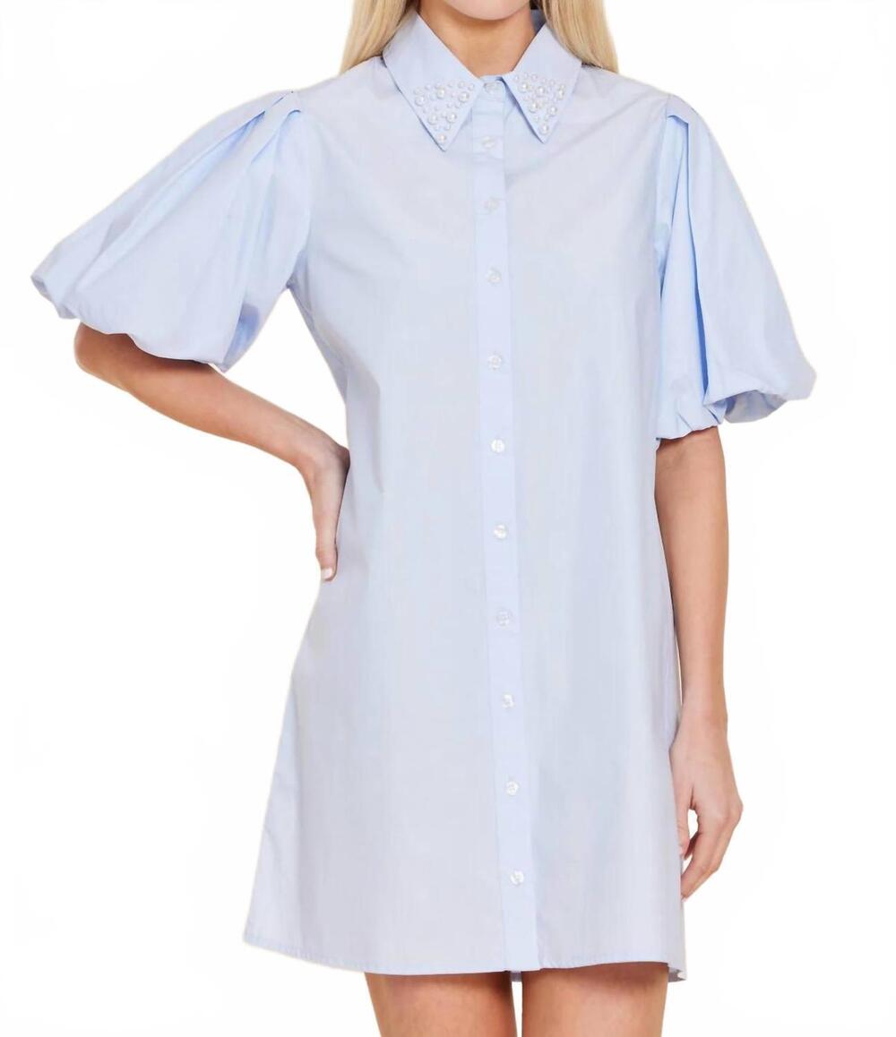 NEW DOLCE CABO poplin pearl embellished dress in light blue